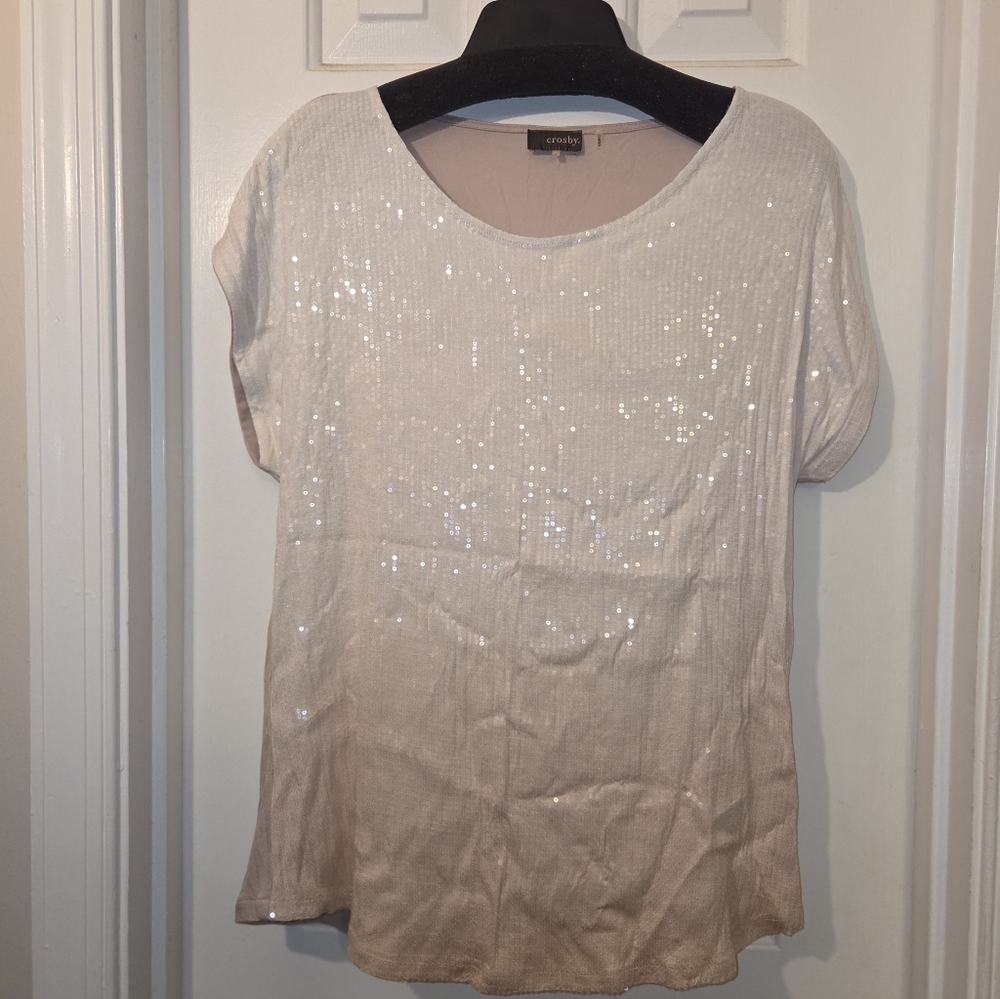 Crosby: Women's White/beige/tan Ombre Sequins Short Sleeve Blouse.  Size L.